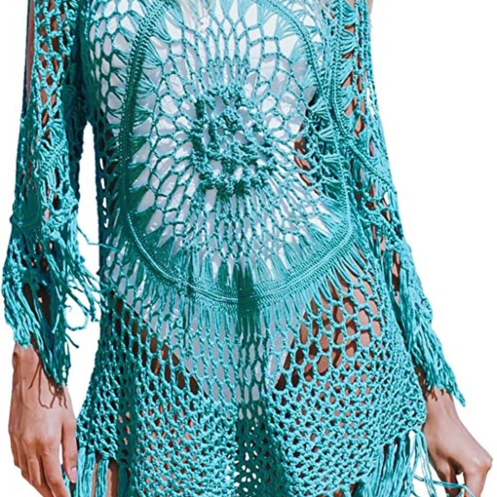 Women's Cover Up White Crochet Hollow Out Tassel Swimsuit Three Quarter Sleeve - Picture 5 of 5
